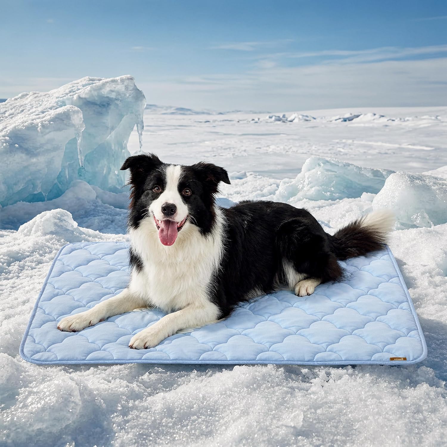 ZOMISIA dog cooling mat front view displaying blue wavy quilted pattern