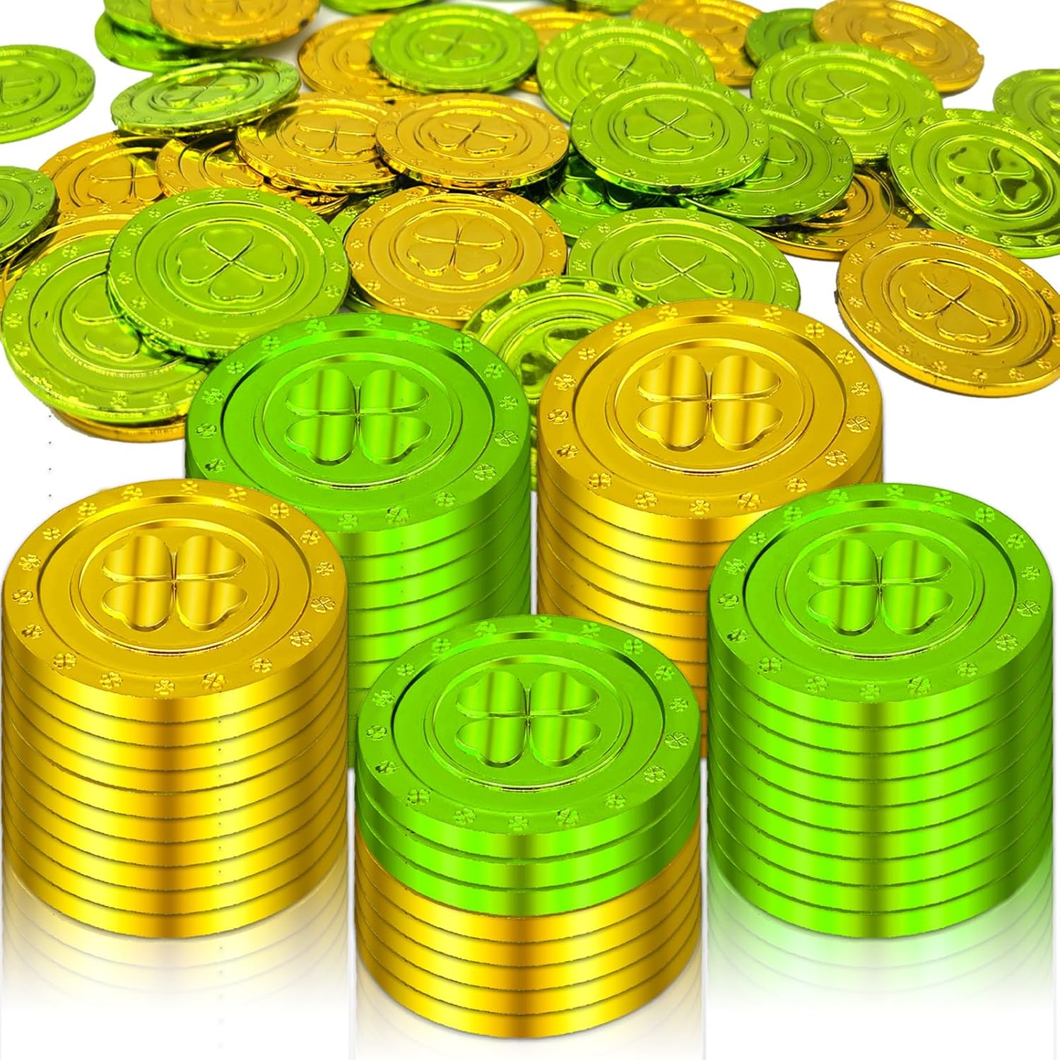 Lragvtbk St Patrick's Day Shamrock Coins 50 Pieces front view showcasing green and gold plastic clover tokens.
