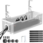 Cinati under desk cable management tray white front view showcasing the modern metal mesh basket.