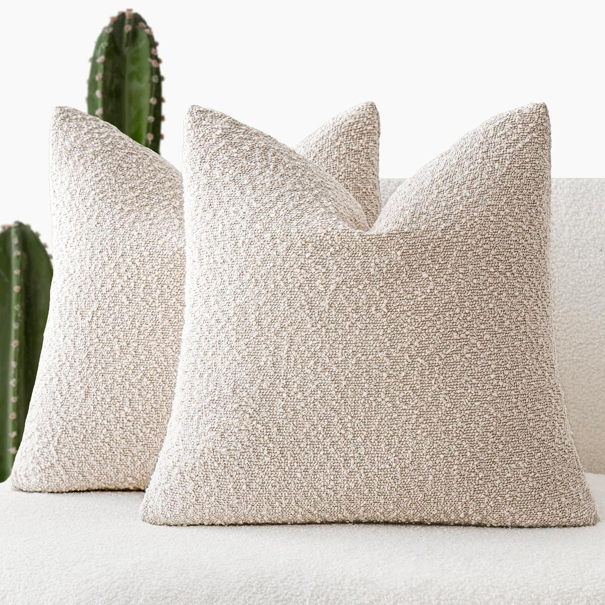 Foindtower textured boucle throw pillow covers pack of two front view styled on a modern living room sofa