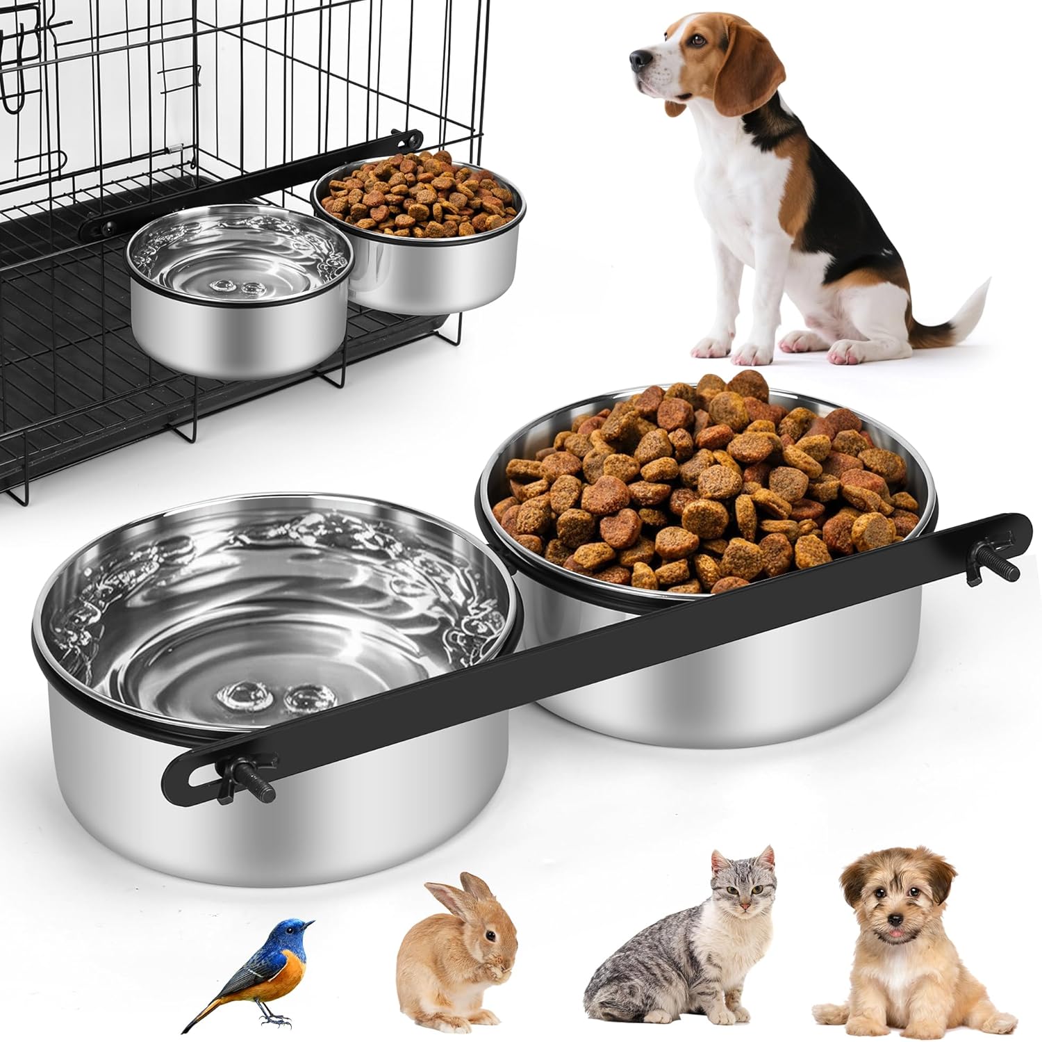 DricRoda dog crate water bowls front view showing secure dual stainless steel set mounted on wire kennel bars.