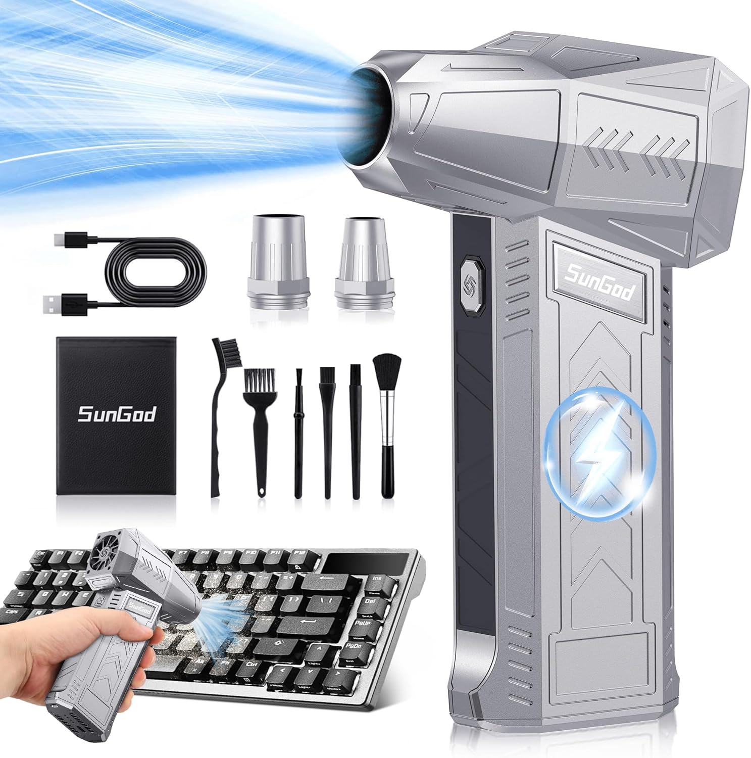 Sungod 180K RPM Super Power Electric Air Duster silver gray front view showing sleek premium body design