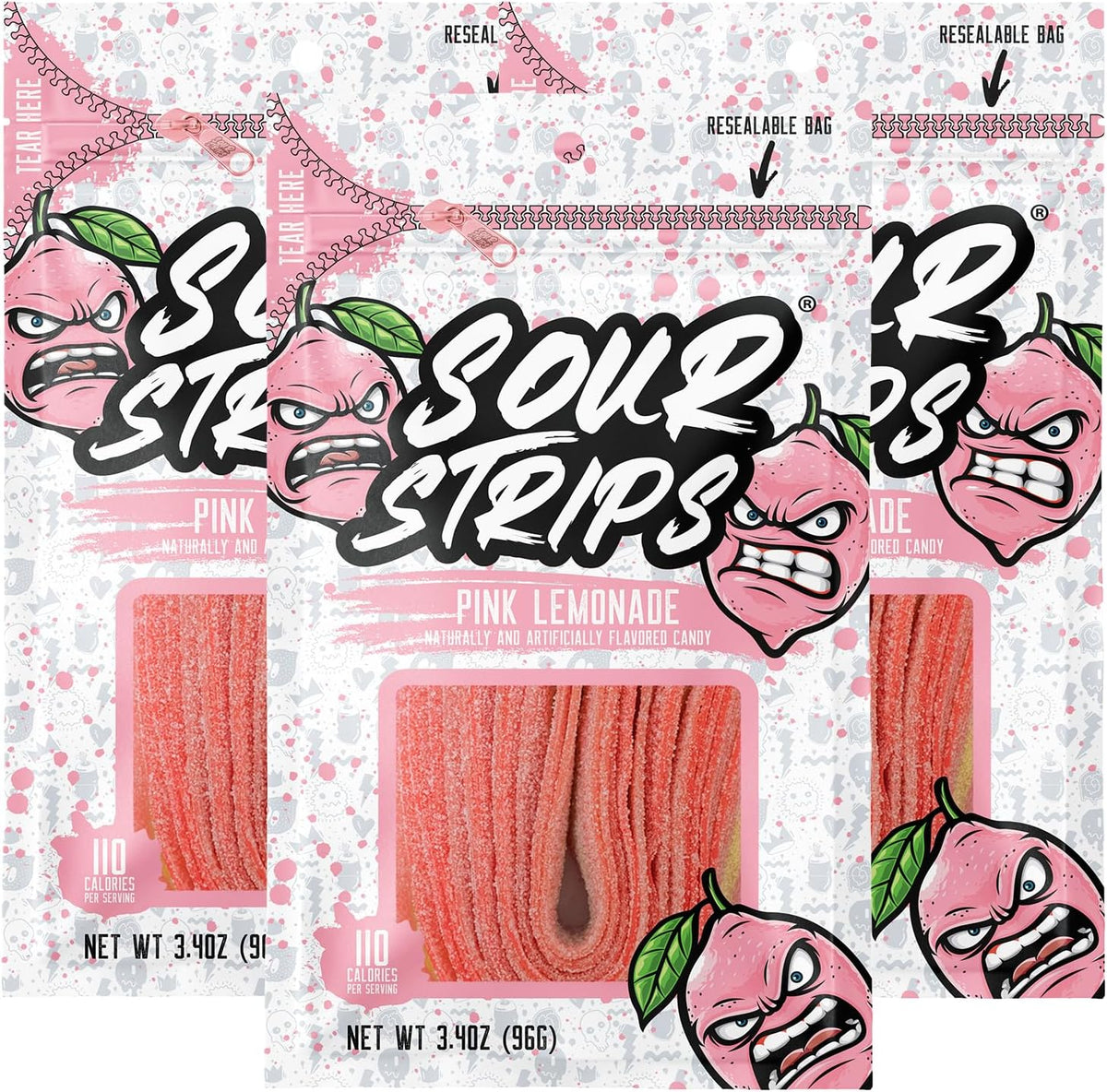 Sour Strips Sour Candy Belts, Doubleberry, Resealable Candy Bags, 3.4 Ounce (Pack of 3) - Image 9