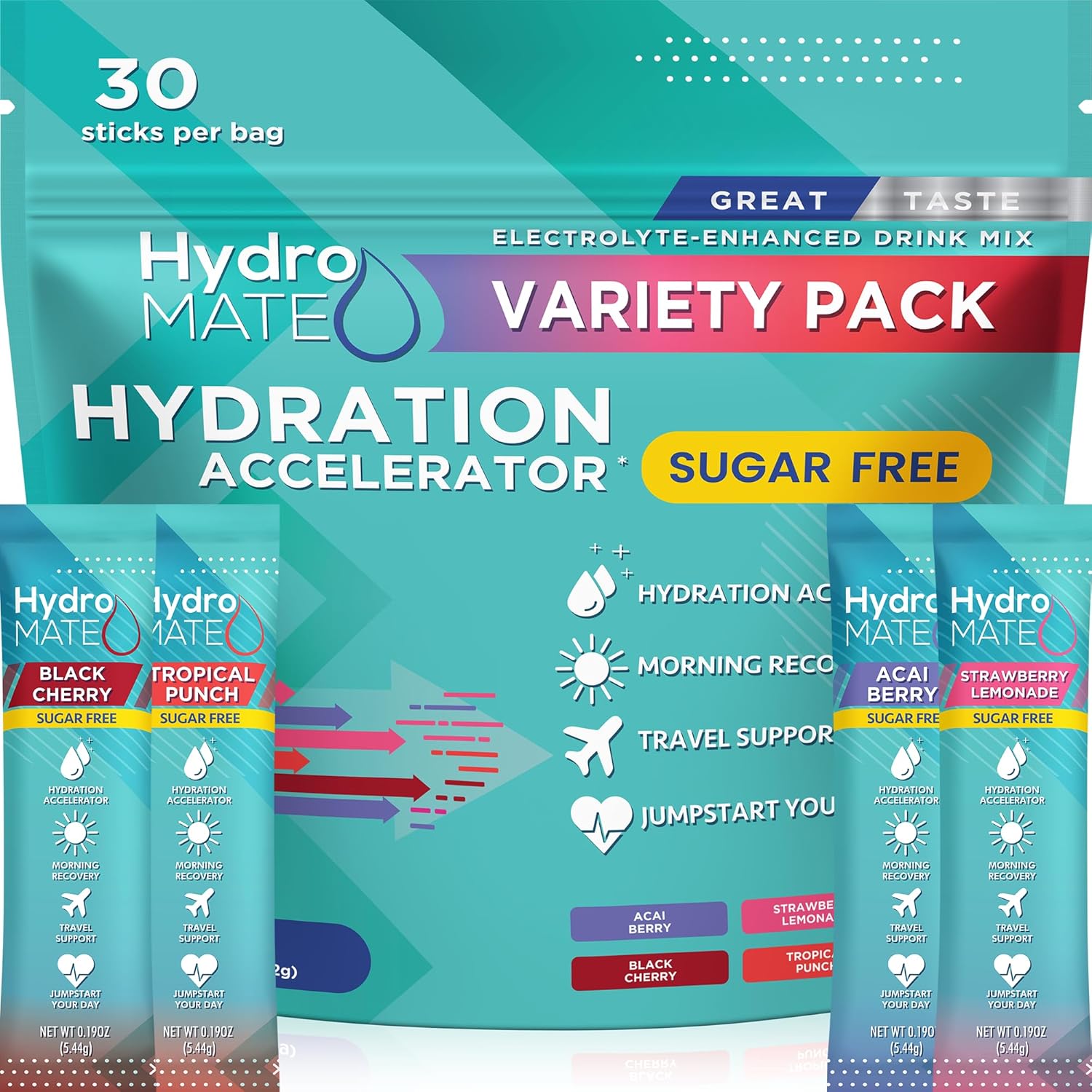 Electrolyte Powder Sugar-Free Hydration Packets Variety Pack HydroMATE 30 Sticks - Image 1