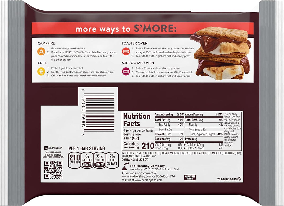 Full size Hershey's milk chocolate bar unwrapped showing the iconic segmented chocolate squares.