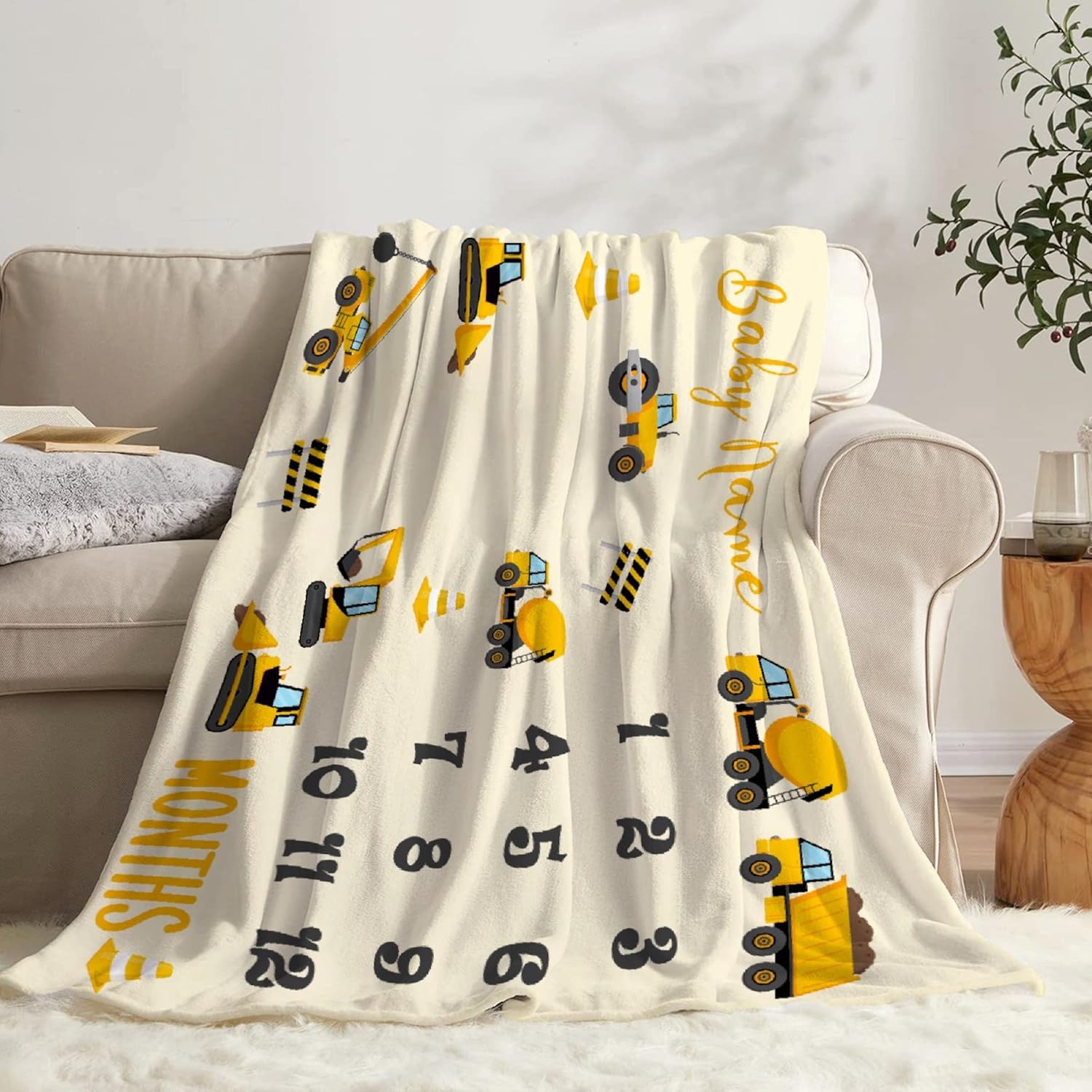 Ottoy personalized construction trucks milestone baby blanket front view tracking monthly growth