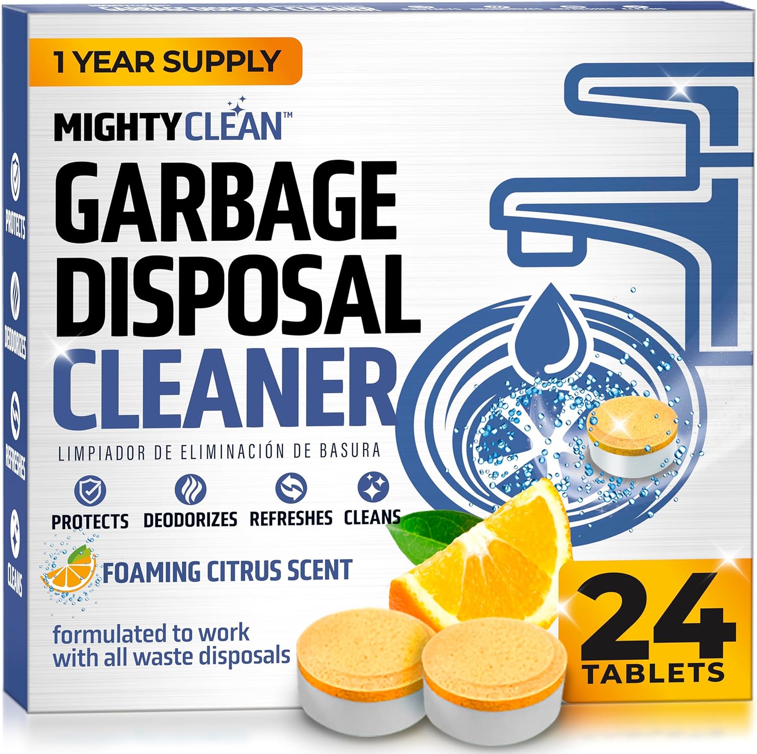 Mighty Clean garbage disposal cleaner and deodorizer tablets 24 pack front view