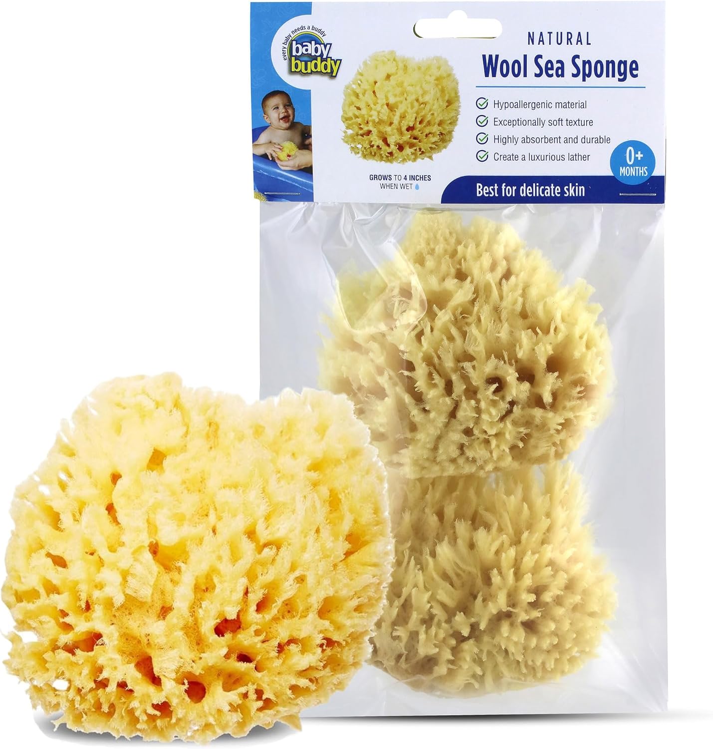 Baby Buddy natural sea wool bath sponge front view in packaging