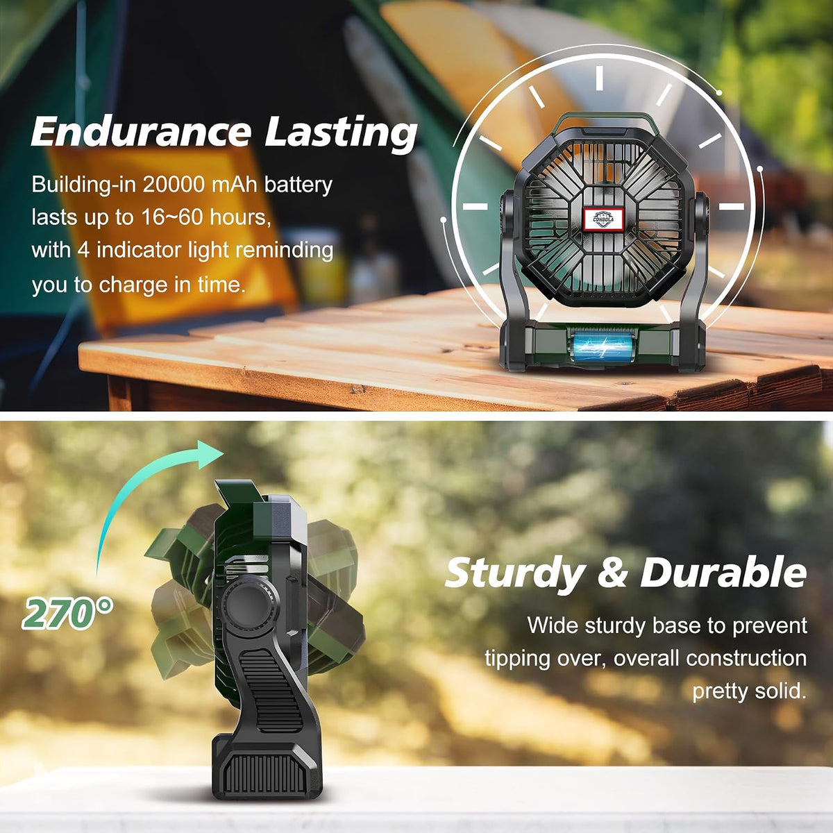 CONBOLA Portable Fan Rechargeable, 25400mAh Cordless Battery Powered Fan with LED Lantern, USB C Battery Operated for Travel Bedroom Home Camping Tent Office Beach Desk Fishing Table - Image 5
