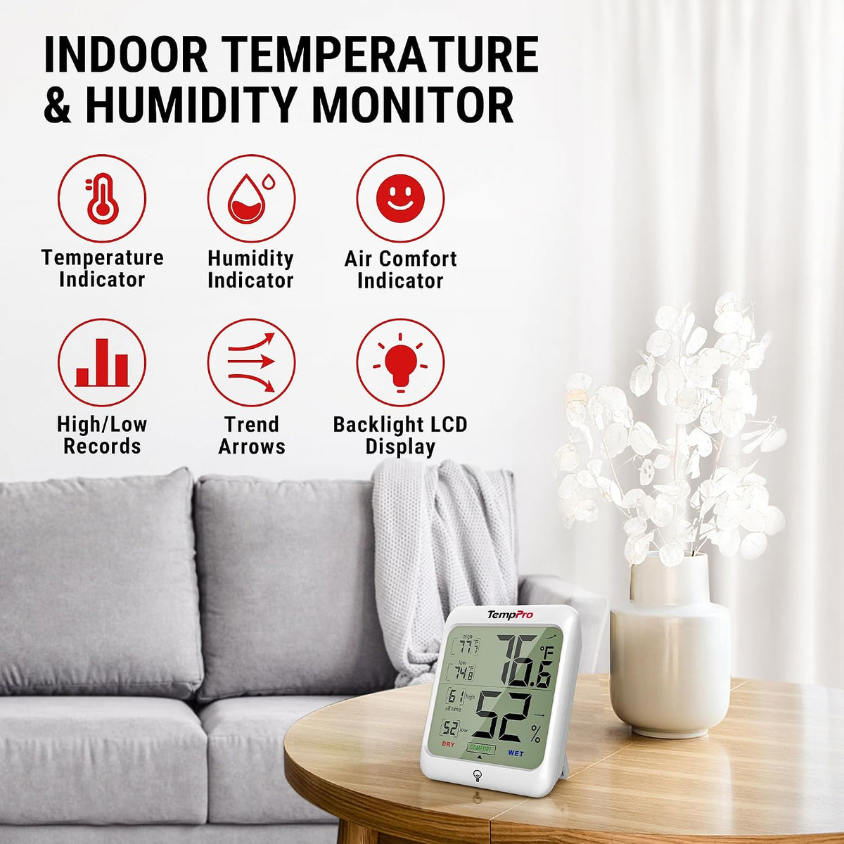 TempPro room temperature and humidity monitor display screen