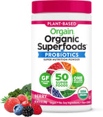 Orgain organic green juice mix bottle highlighting one billion probiotics for gut health