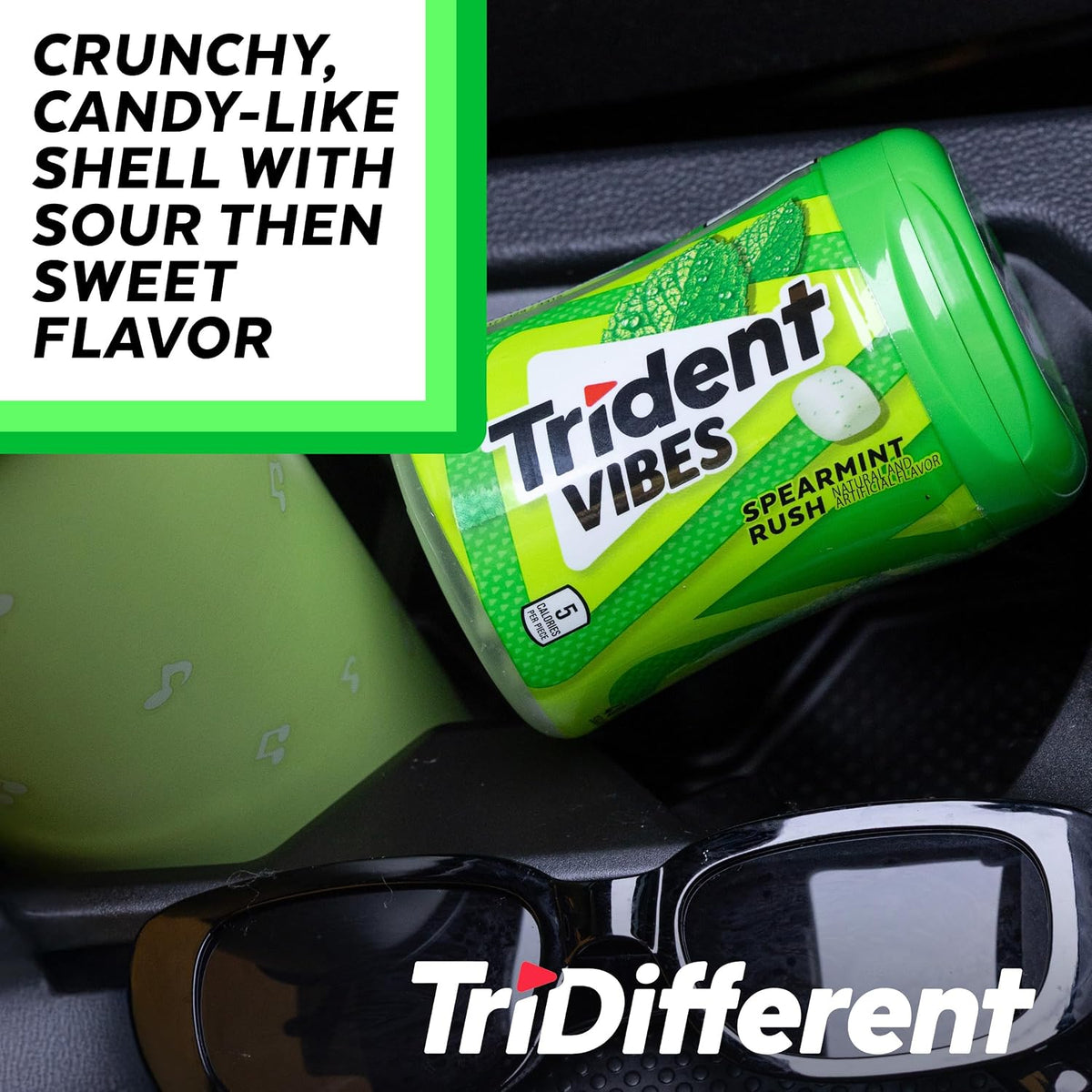 Top view of the easy open flip cap on the Trident Vibes Spearmint Rush chewing gum bottle
