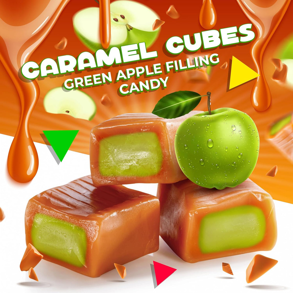 Close up of a bitten caramel cube showing the liquid green apple filling inside