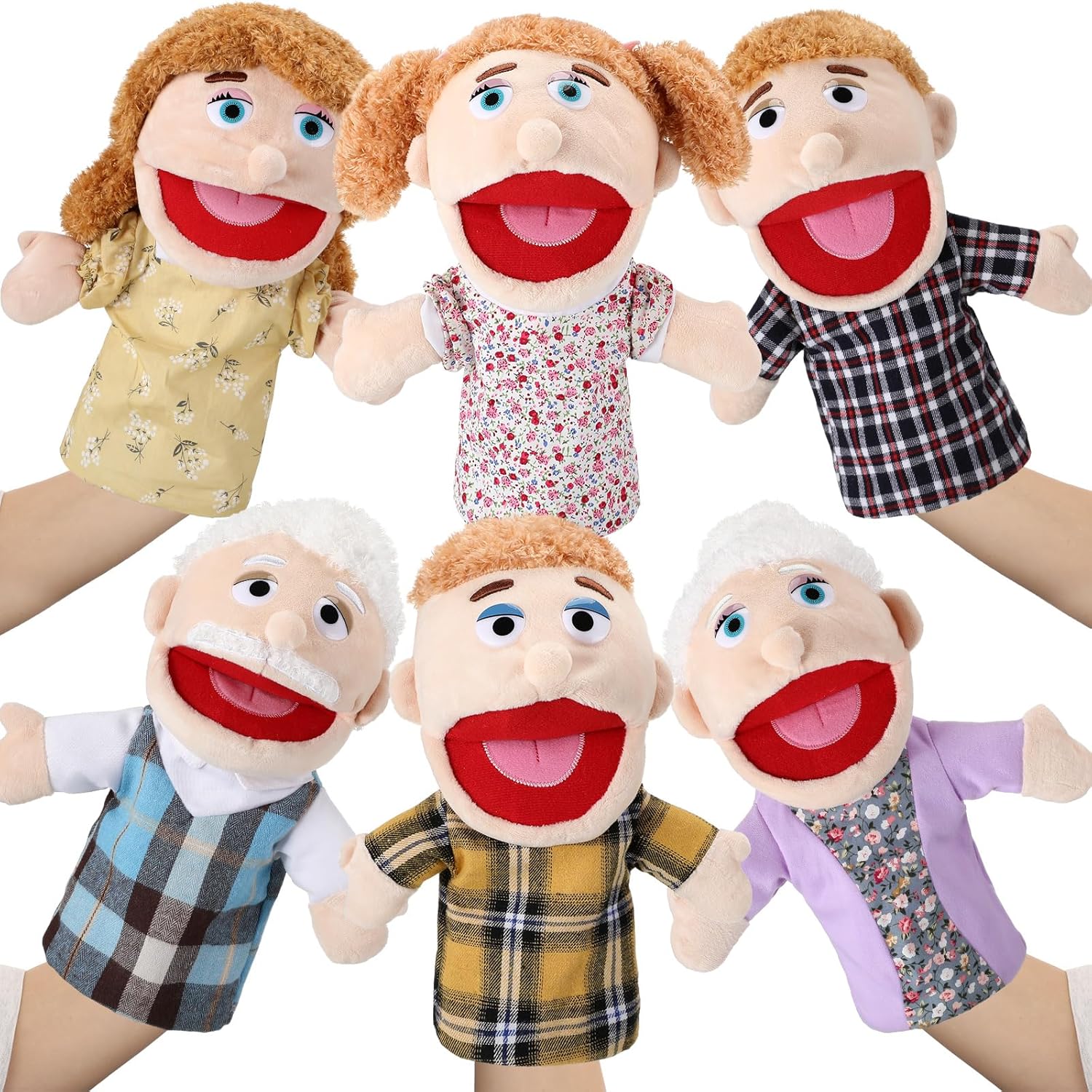 Lenwen family hand puppet set featuring 6 plush figures.