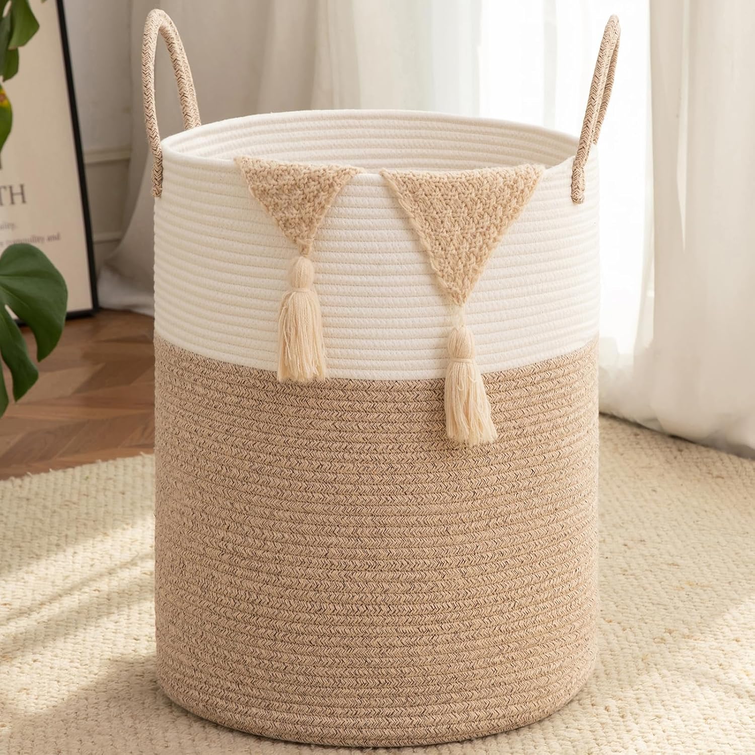 OIAHOMY large laundry basket hamper front view showing two tone brown and white woven cotton rope texture