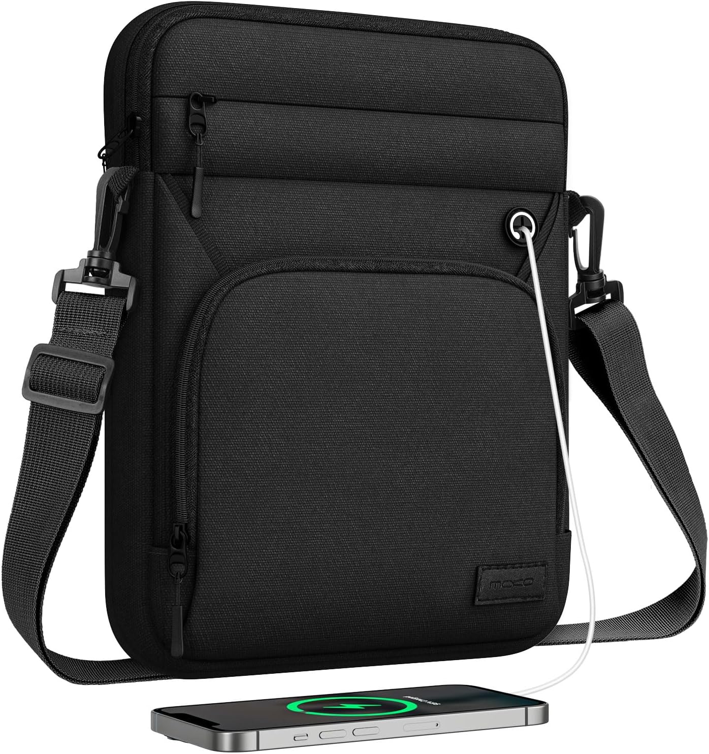 MoKo tablet sleeve shoulder bag front view showing black splash-proof polyester exterior.