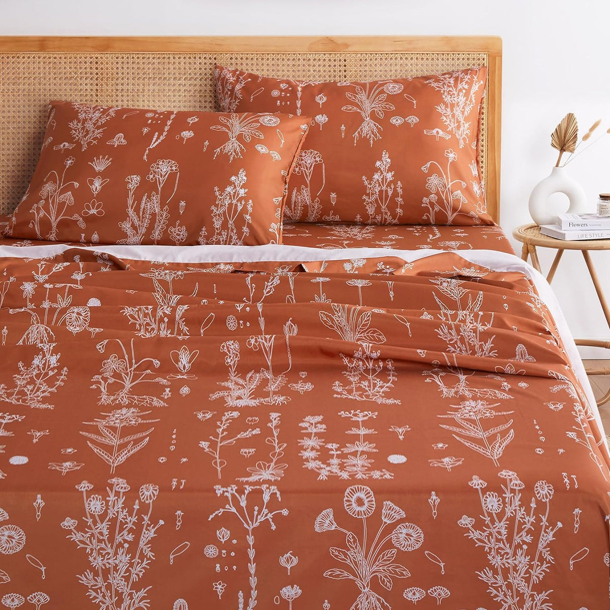Wake In Cloud - Floral Bed Sheets, 4-Piece Sheet Set, Cute Botanical Shabby Chic Coquette Cottagecore Flower Pattern Printed Bedding, Deep Pocket, Yellow Green, Queen Size - Image 10