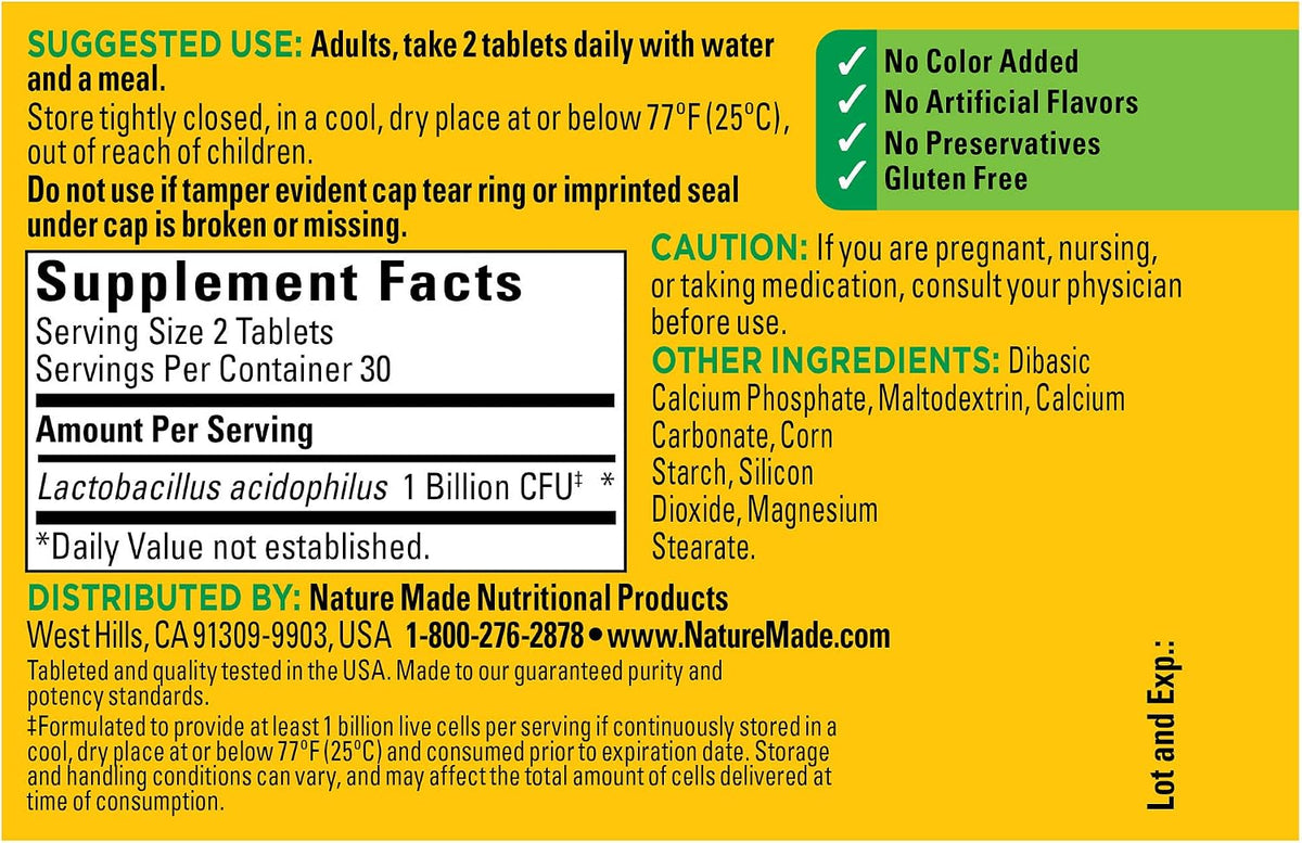 Nature Made Acidophilus Probiotics daily serving size display