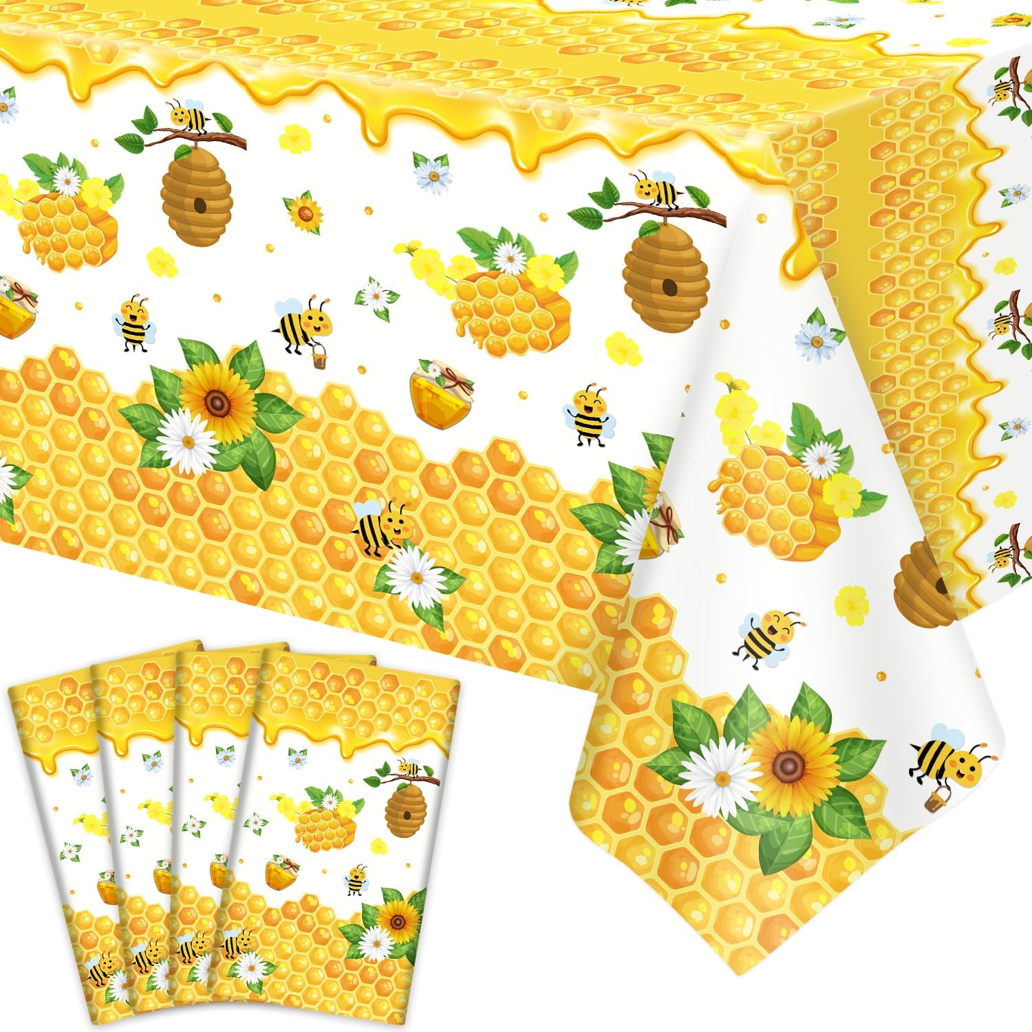 Dvaorc 4 Pack Bee Tablecloth front view spread over a rectangular party table.