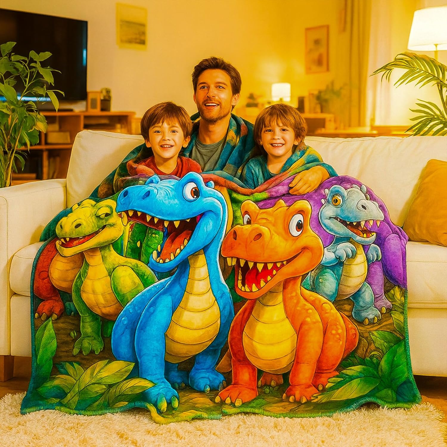 Naxsuia cute smiling dinosaurs flannel throw blanket front view