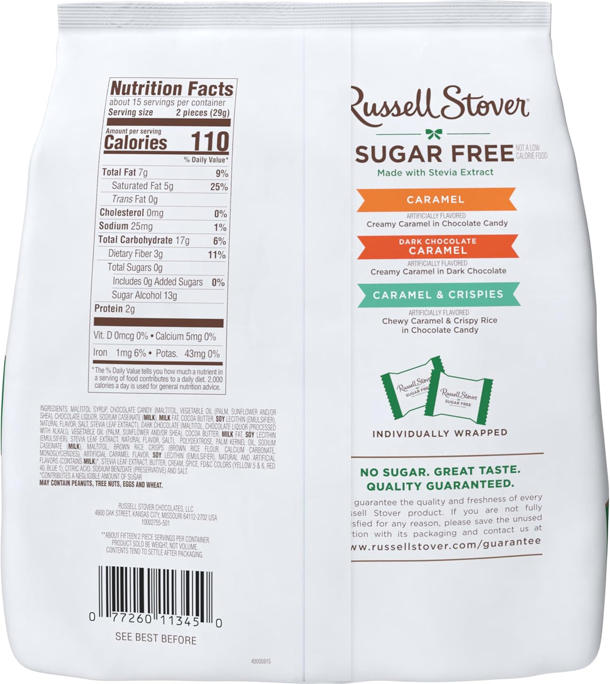 RUSSELL STOVER Sugar Free Assorted Caramel Chocolate Candy, 15.3 oz. bag | ZERO SUGAR, STEVIA EXTRACT, DESSERT, SNACKING, ASSORTED CHOCOLATE, ASSORTED FLAVORS - Image 9
