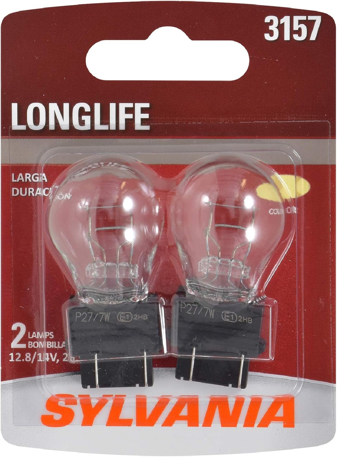 Sylvania 3157 Long Life miniature bulb front packaging view