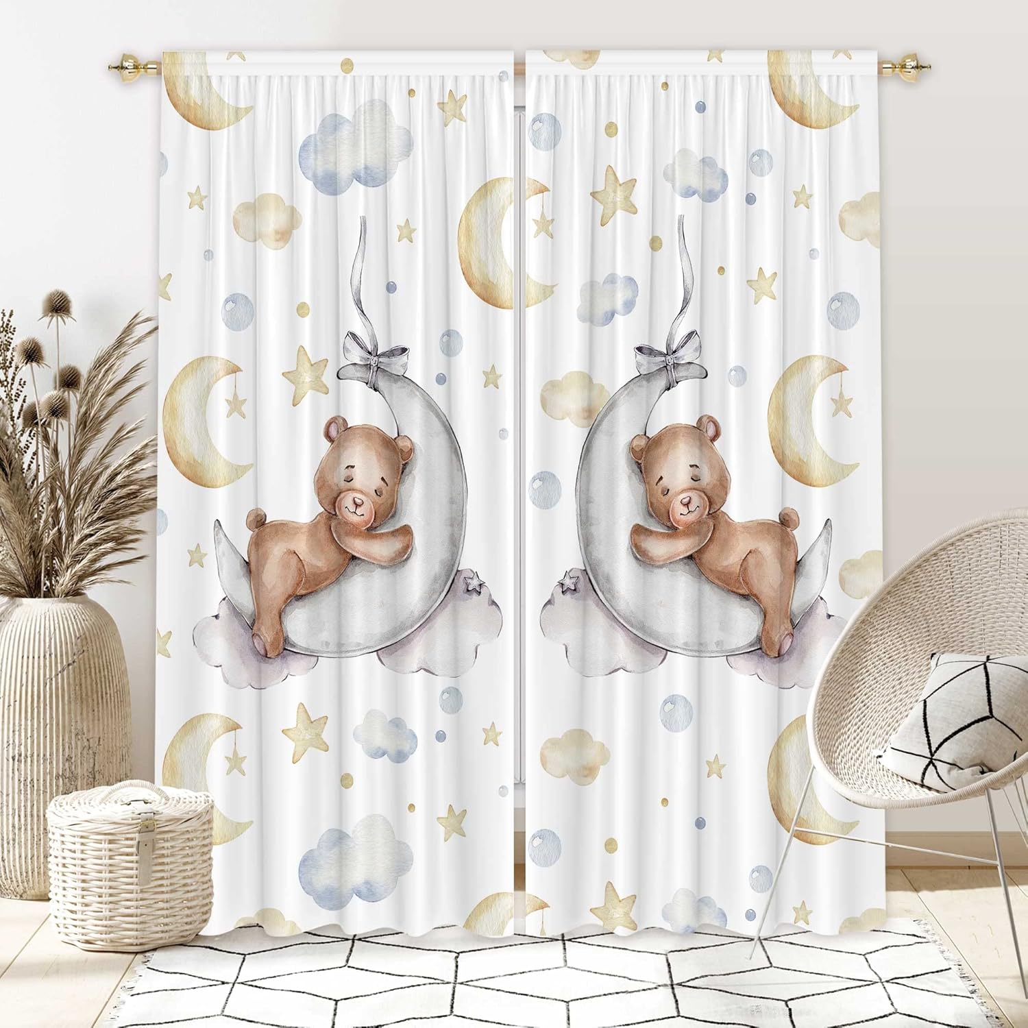 Felortte cartoon bear moon and stars window curtains front view hanging in a bright nursery room setup
