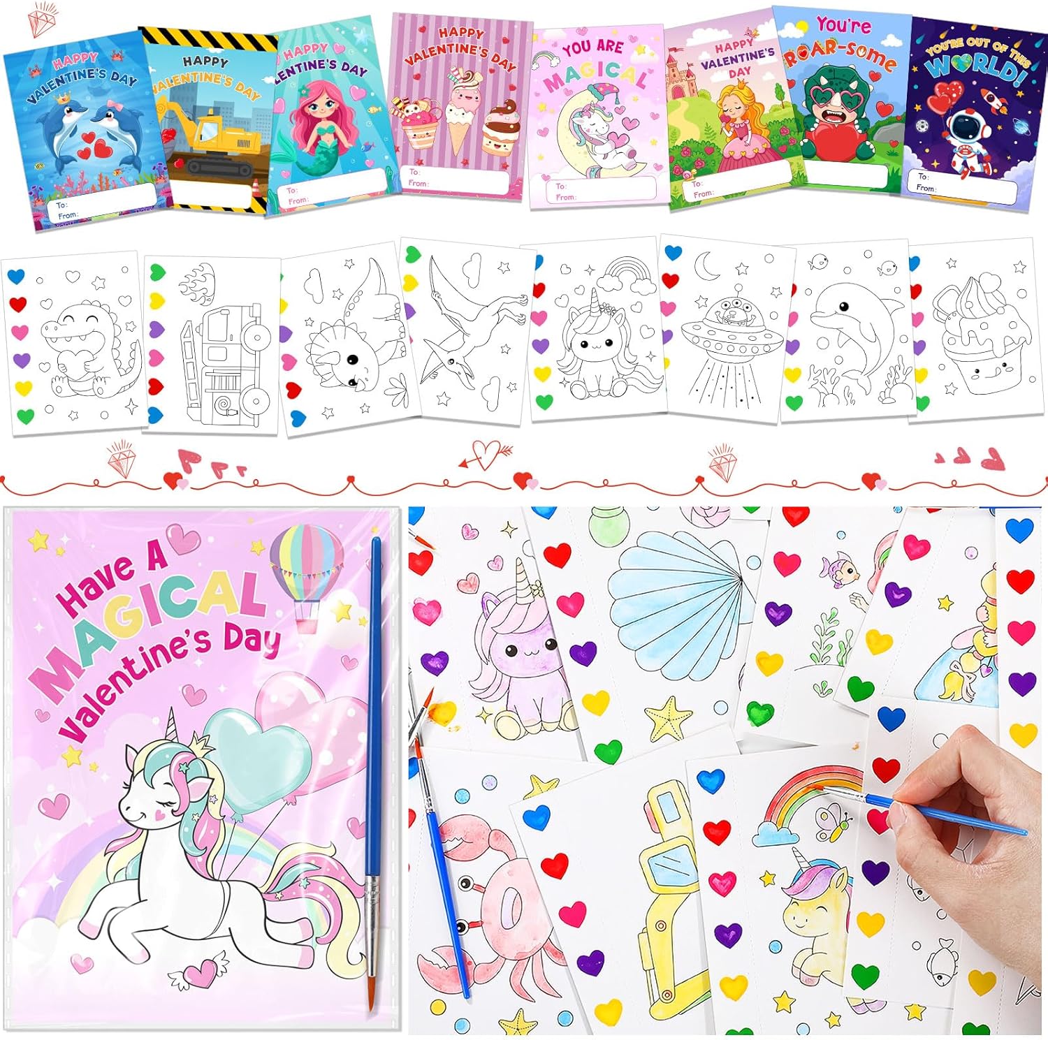 Capoda Valentines Day Watercolor Coloring Book Set front view of the complete 192 piece bulk kit.