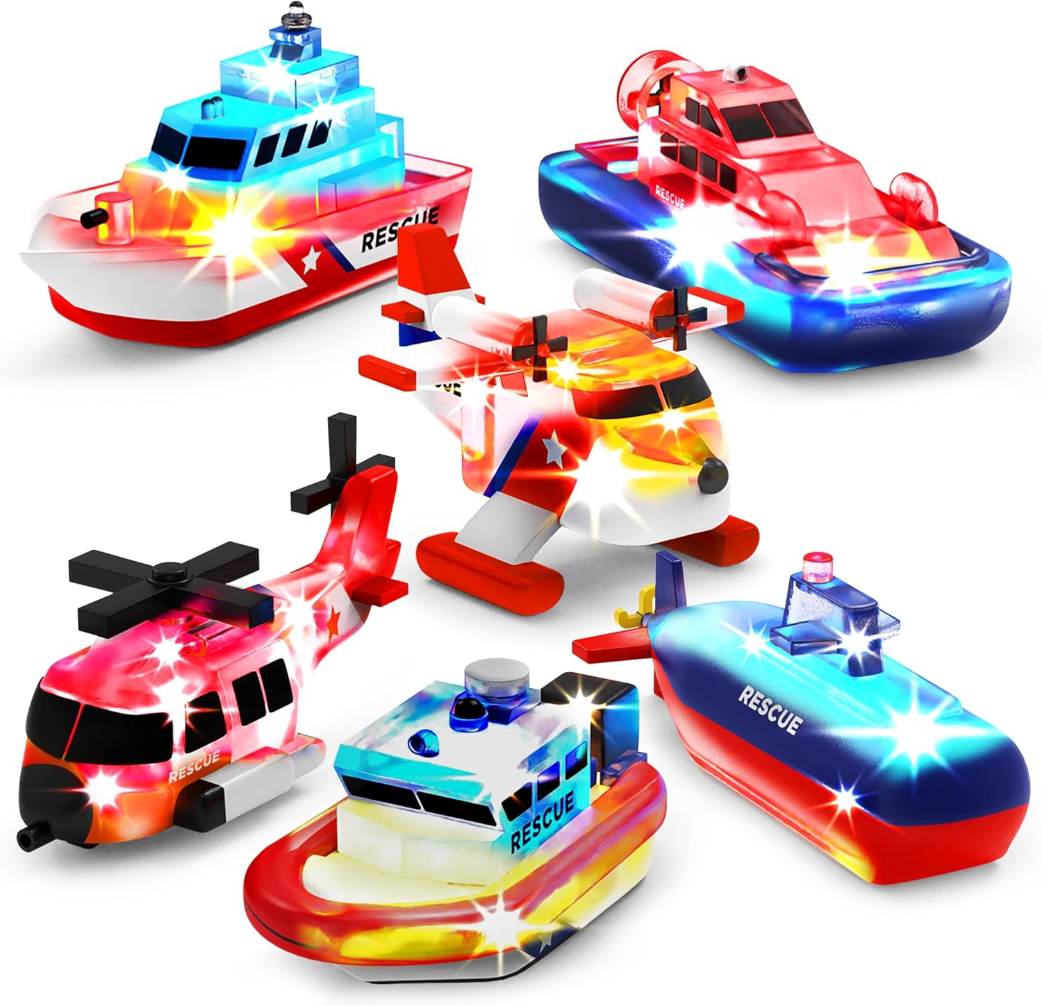 Tub Works Ocean Rescue Vehicles Light Up Bath Toys front view of six pack packaging