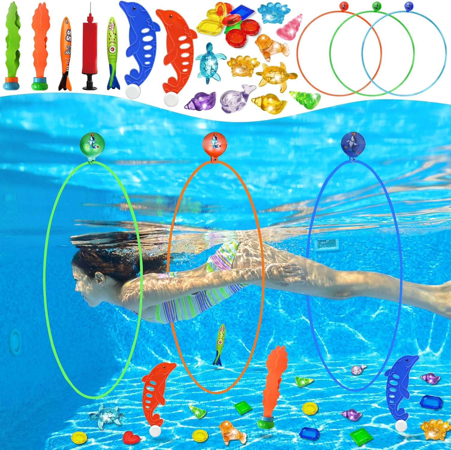 Jasonwell pool toys diving rings 28 piece set front view showing premium swimming accessories