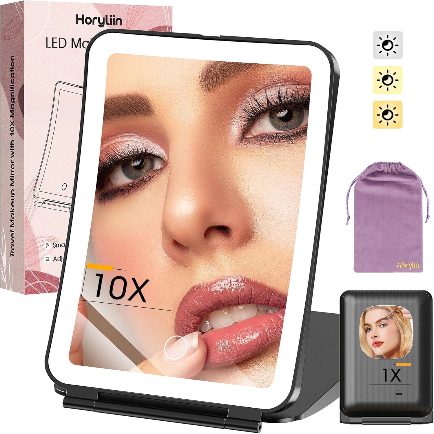 Horyliin travel makeup mirror front view displaying illuminated LED lights and black frame.