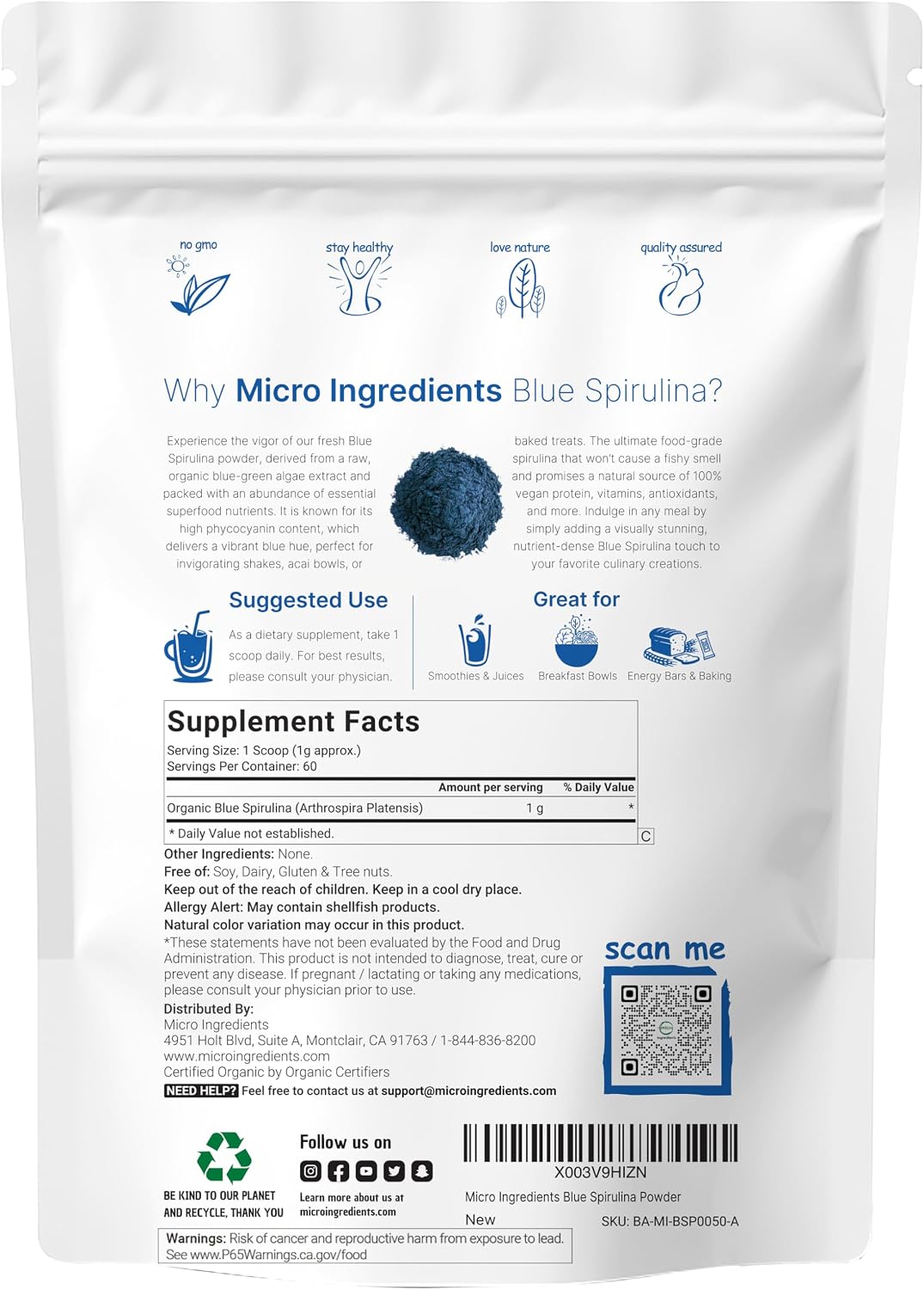 Micro Ingredients blue spirulina powder scoop and texture detail