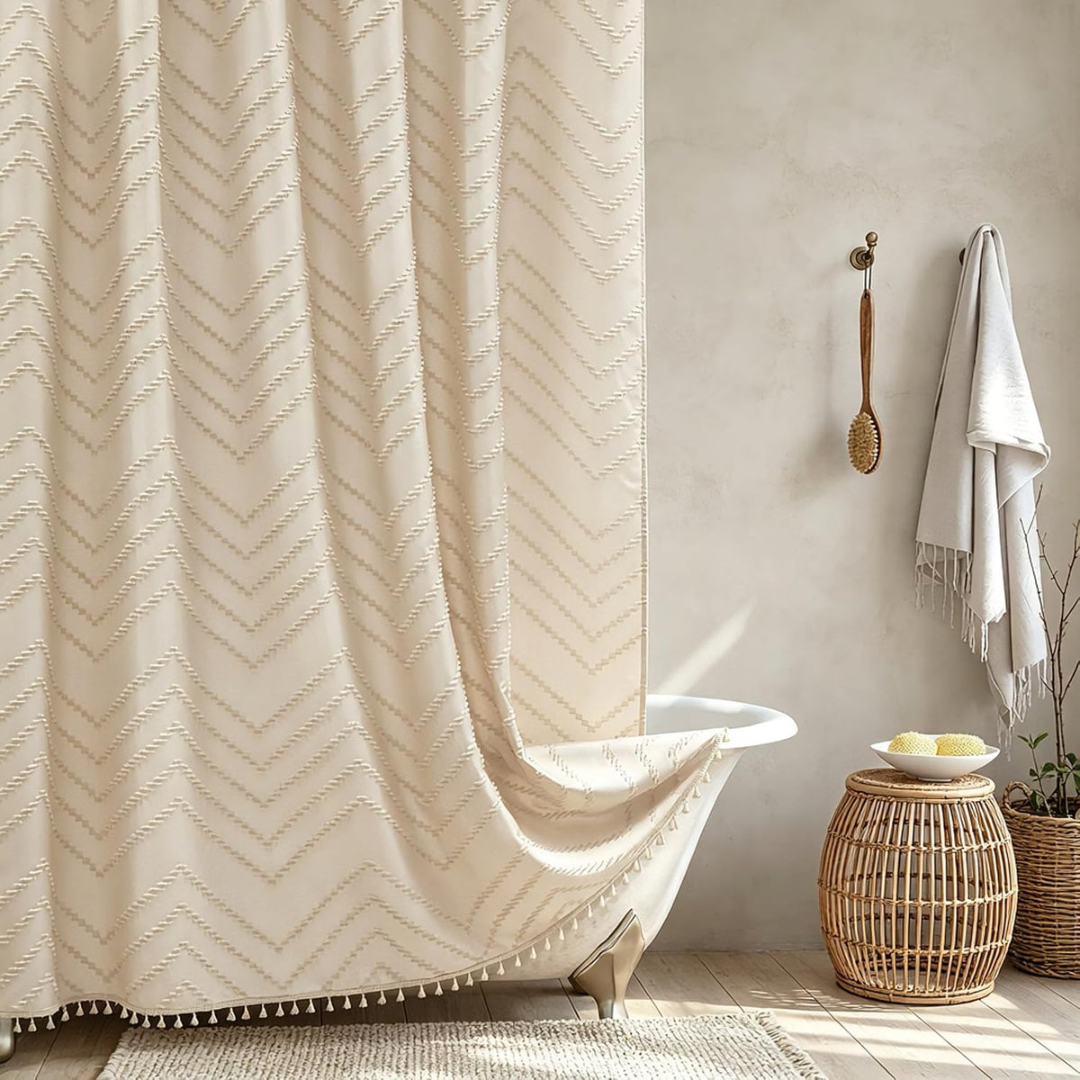 Siiluminisoy Extra Long Grey Boho Shower Curtain with Tassel, Woven Fabric 96 in Shower Curtain, Tufted Chevron Striped, 72 x 96, Modern Chic Textured Minimalist Bathroom Shower - Image 13