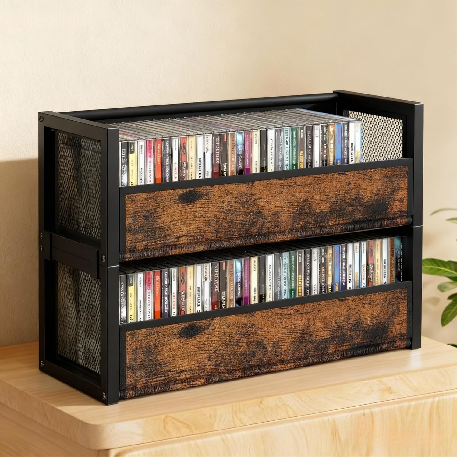 Papagiftree 2 tier CD holder front view with fabric wood grain texture