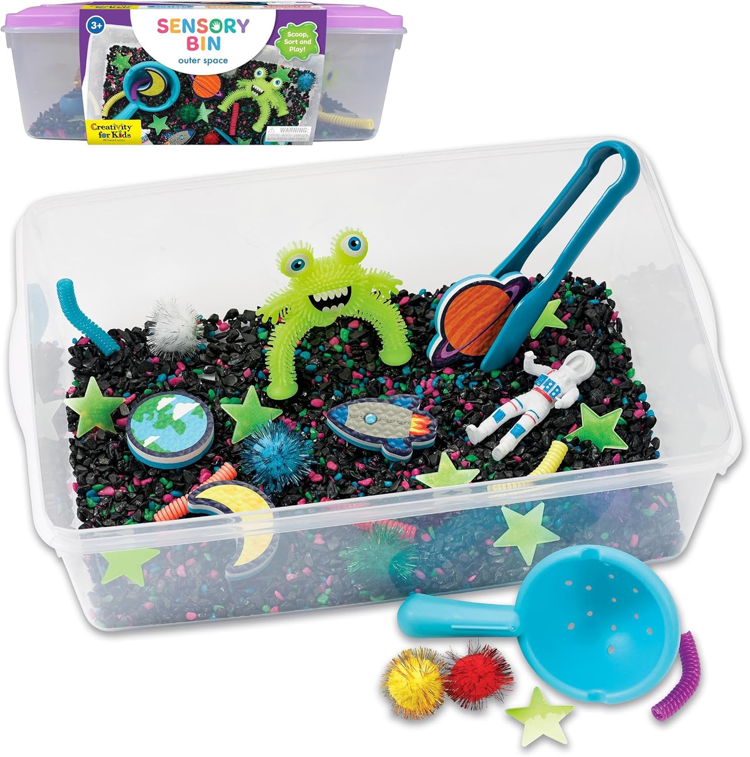 Creativity for Kids Outer Space Sensory Bin front view with accessories