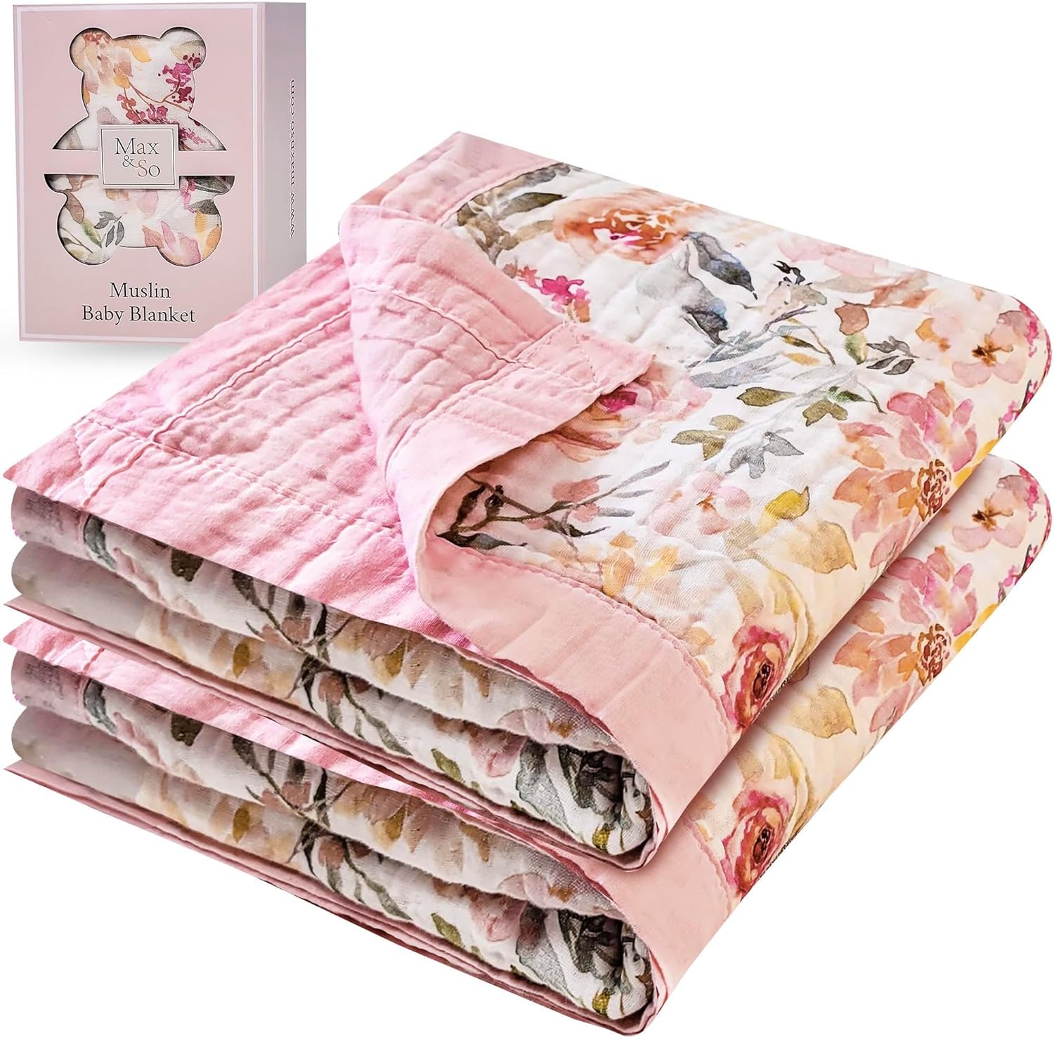 Max&So 100% cotton muslin baby blanket front view showing pink floral print pattern