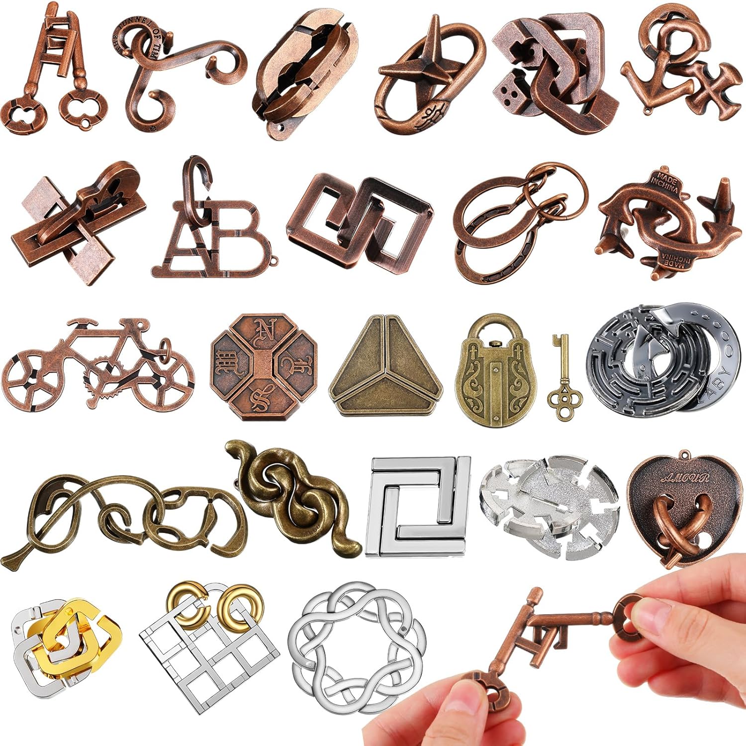 Yilloog 24 pieces metal brain teaser puzzles assortment front view displaying various interlocking wire designs