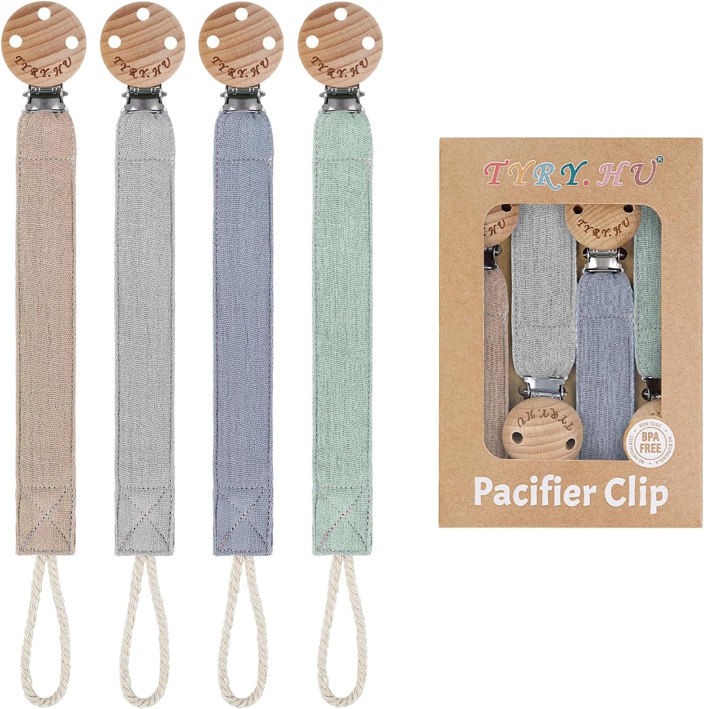 TYRY.HU Ribbon Pacifier Clip Holder four pack front view showing khaki grey blue and green straps