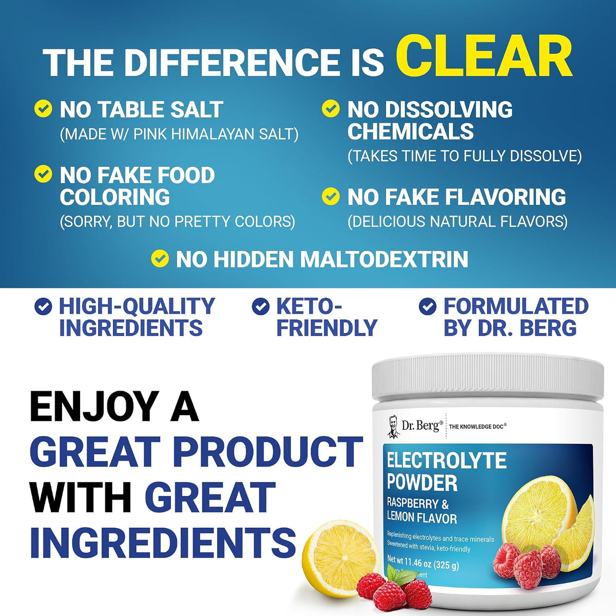 Dr. Berg Electrolyte Powder showing the pink Himalayan salt ingredient feature.