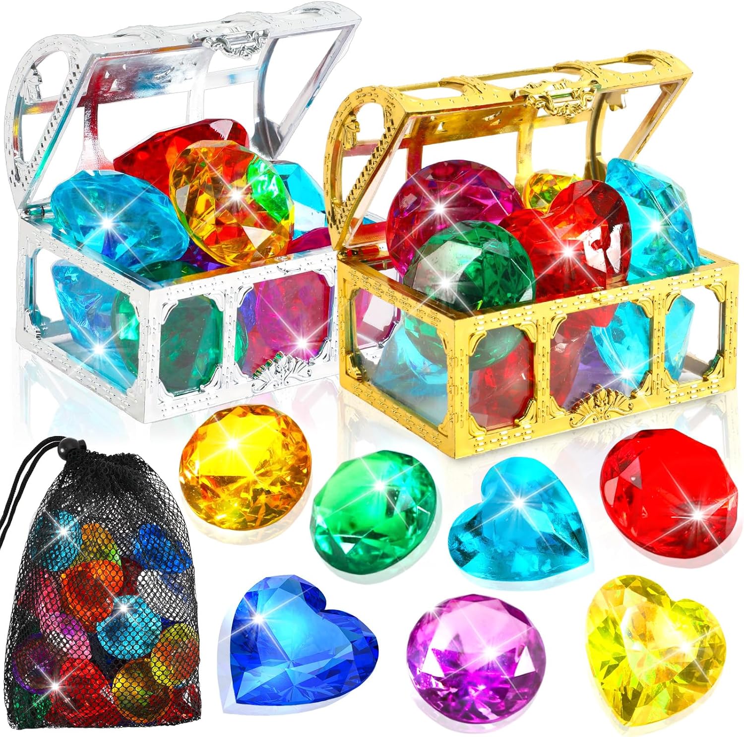 MARFOREVER 12 Piece Large Dive Gems set featuring colorful acrylic diamonds and pirate treasure boxes front view