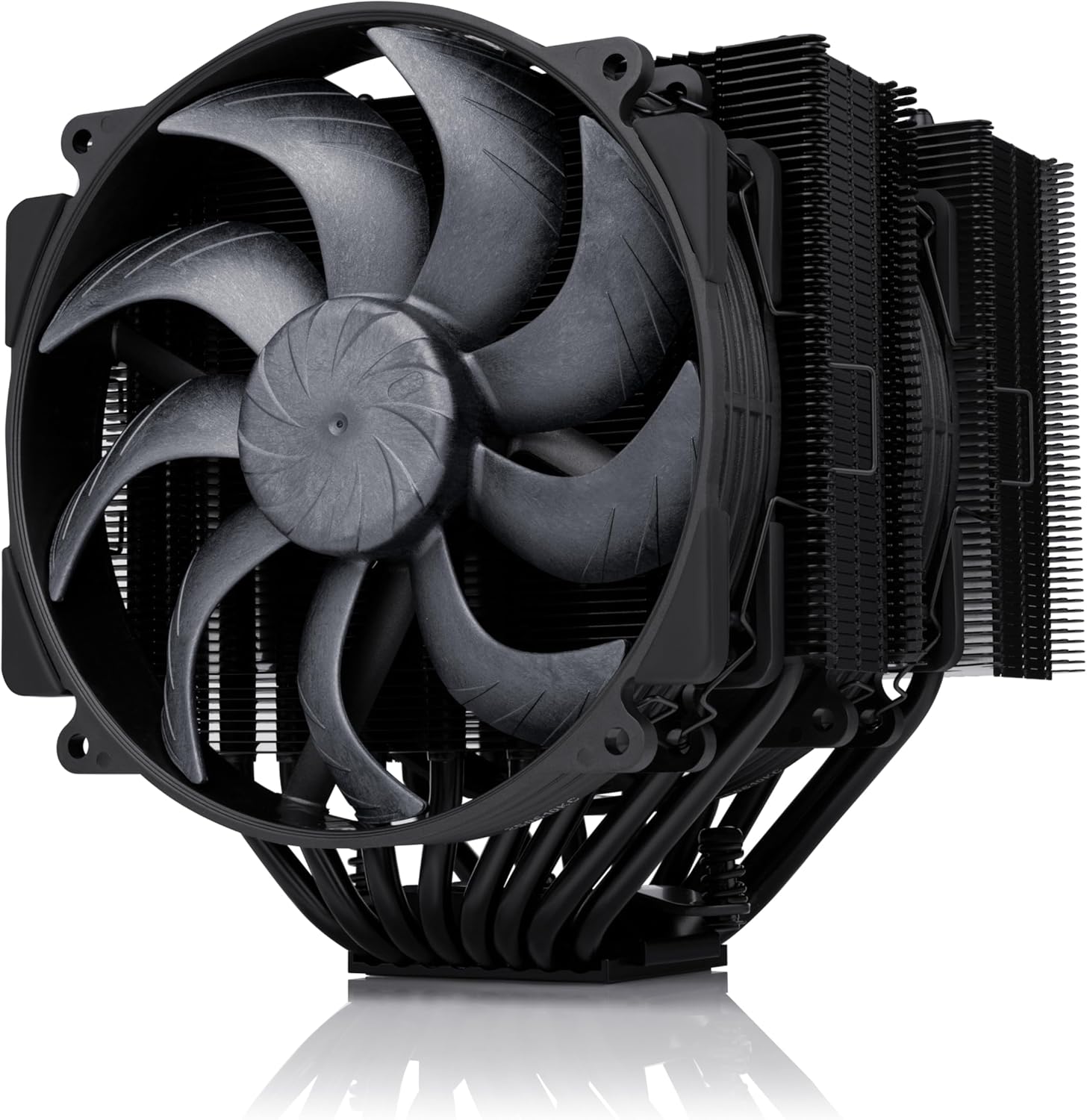 Noctua NH-D15 G2 chromax.Black premium dual tower CPU cooler front view showing all black heatsink and fans.