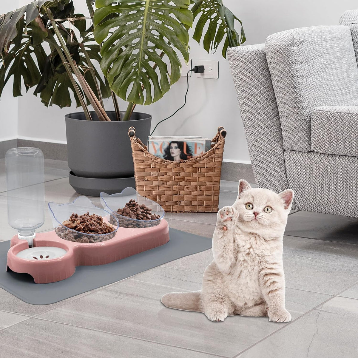 Qinkoudih pink pet feeder set top down perspective