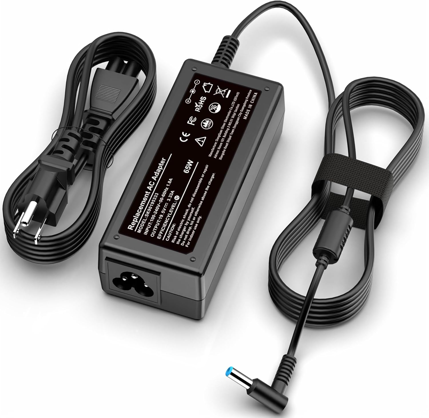 PIOEVTKA replacement HP laptop charger 65W front view showing smart blue tip connector