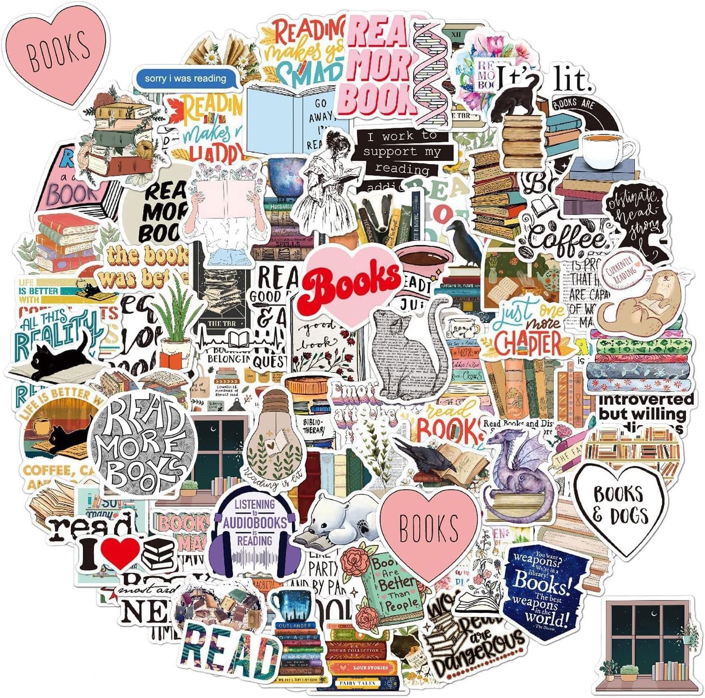 Gowjaw 100 piece book lovers vinyl stickers pack front view