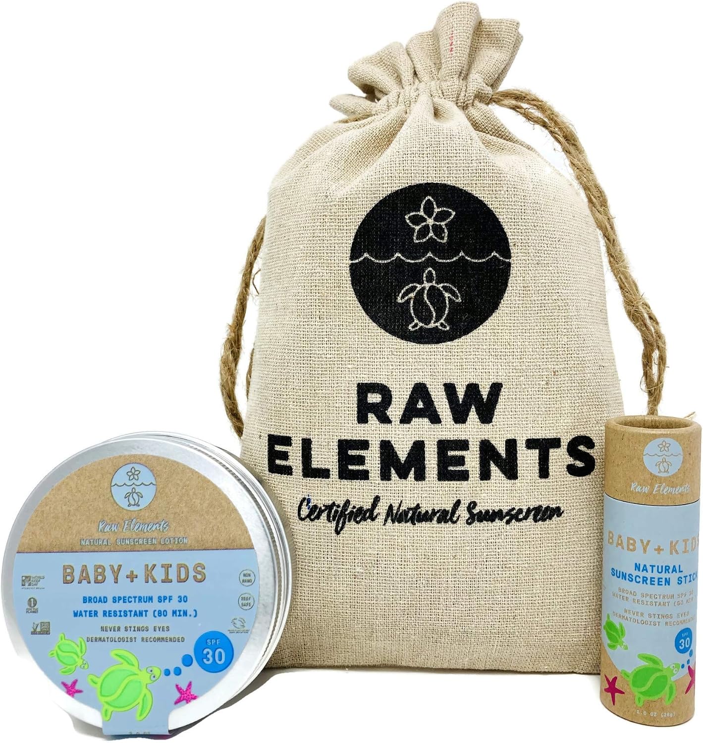 Raw Elements baby kids sunscreen bundle front view zero waste package