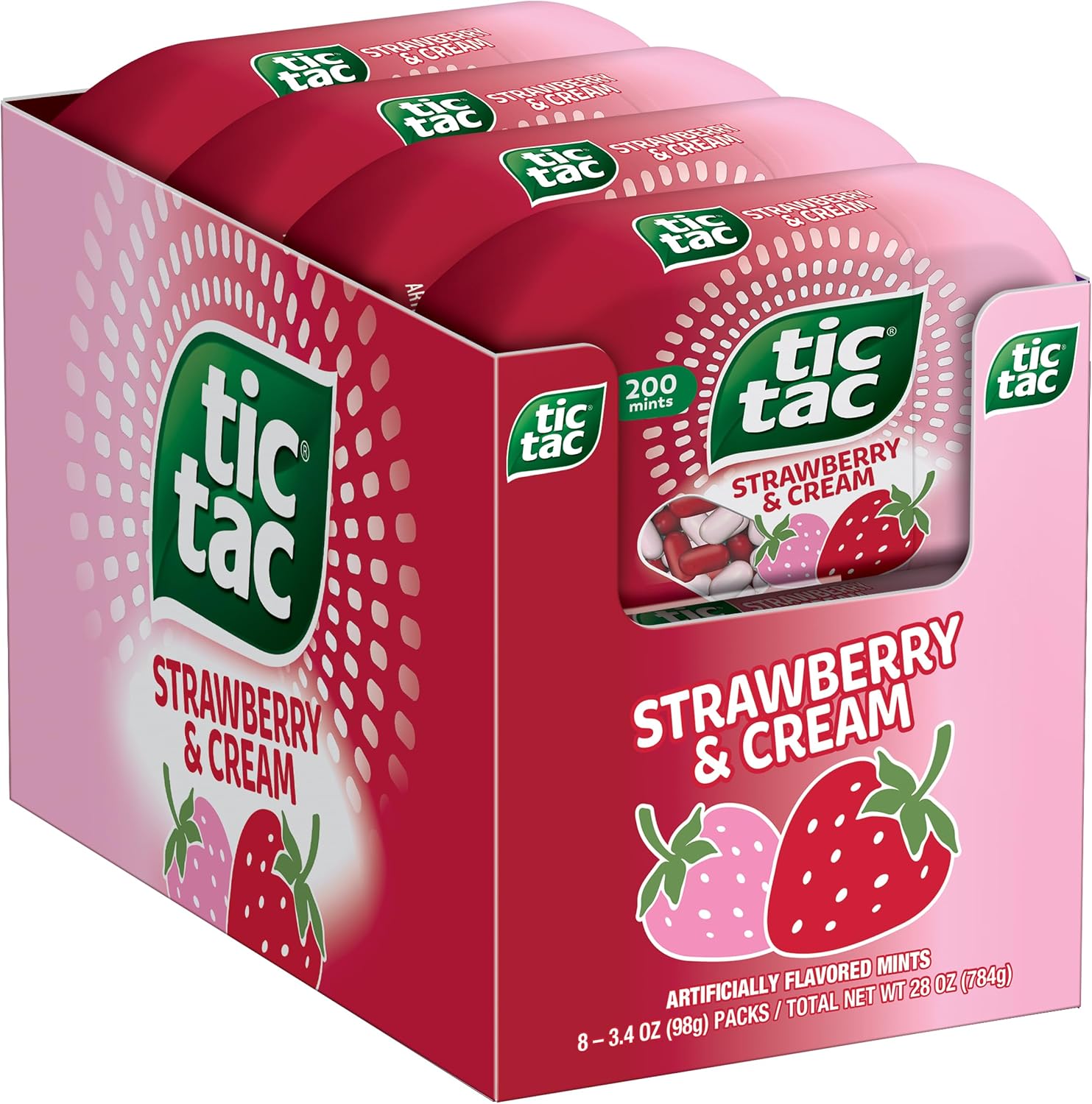 Tic Tac Strawberry and Cream mints bulk eight pack front display showcasing authentic USA packaging.