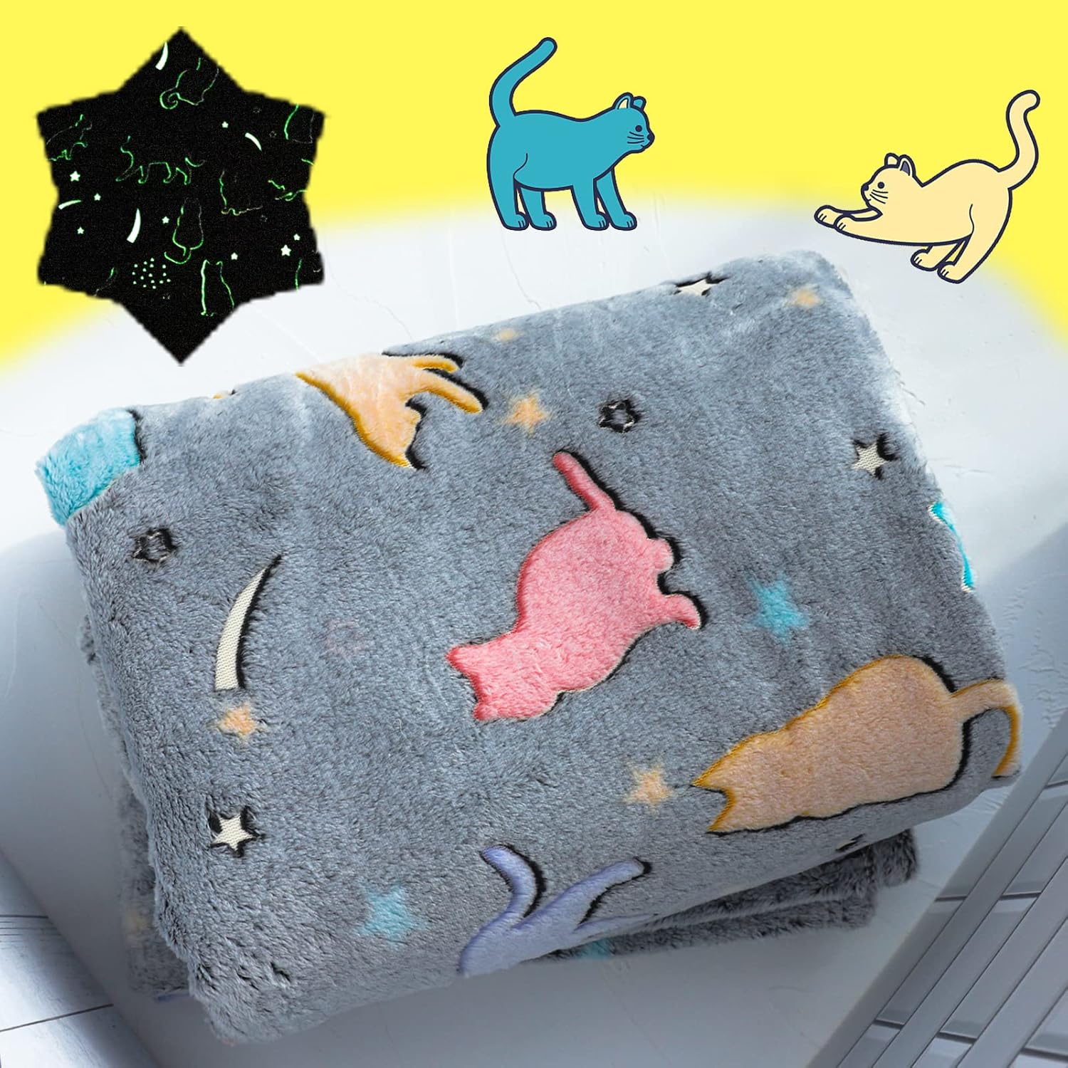 SYMI SMMR glow in the dark cat blanket front view showing grey flannel fleece fabric with cute kitten silhouettes