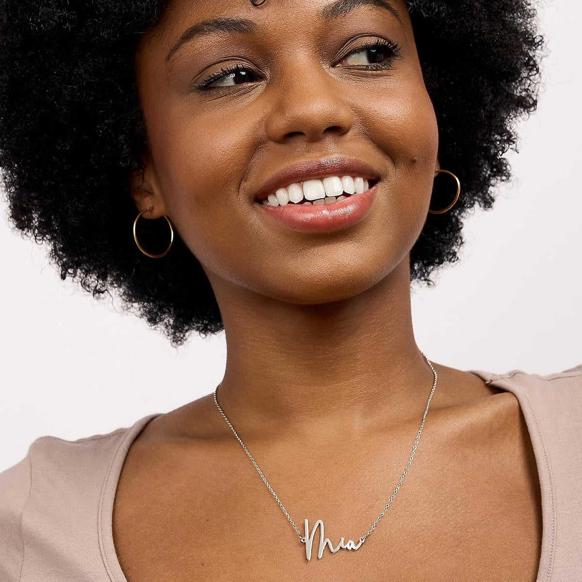 PicturesOnGold custom name necklace worn on model neck