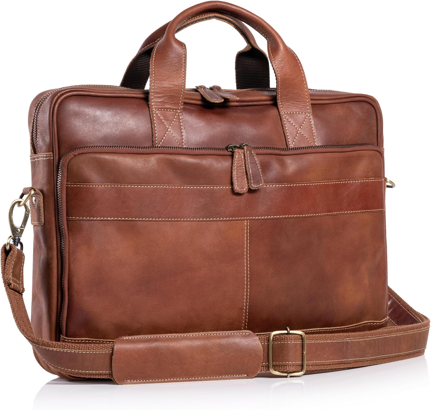 KomalC 16 Inch Leather Briefcase front view showing vintage brown top grain buffalo leather texture