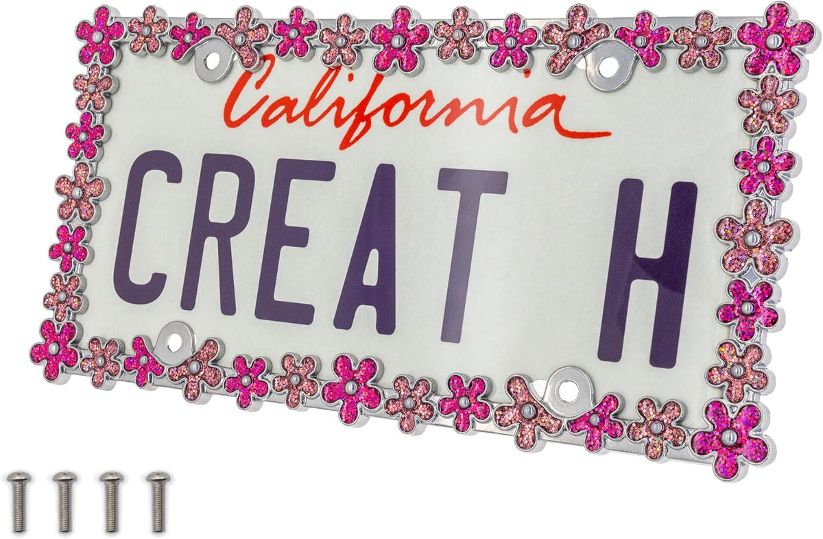 Creathome 3D Shining Daisy Wrenth License Plate Frame from Pure Zinc Alloy Metal Perfect Plate Holder, Matt Black with Green Glitter - Image 10